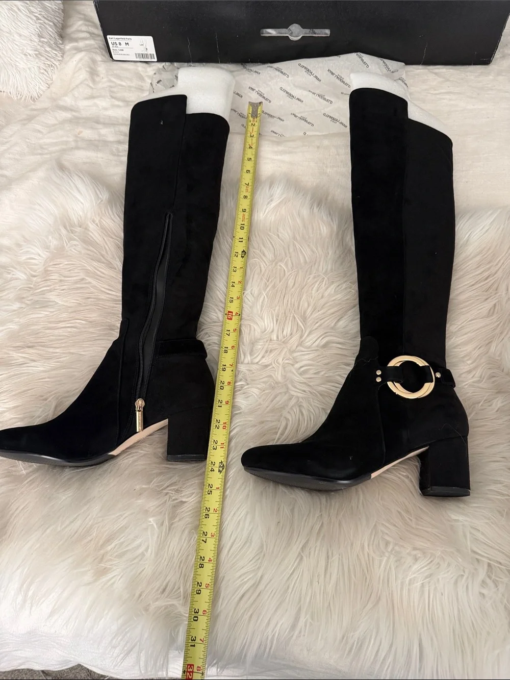 Karl Lagerfeld Black Suede Over-the-Knee Boots with Gold Ring Detail. NWOT
